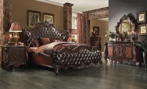 2-Tone Dark Brown PU Cherry Oak Wood Poly Resin Upholstery Eastern King Bed By Homeroots