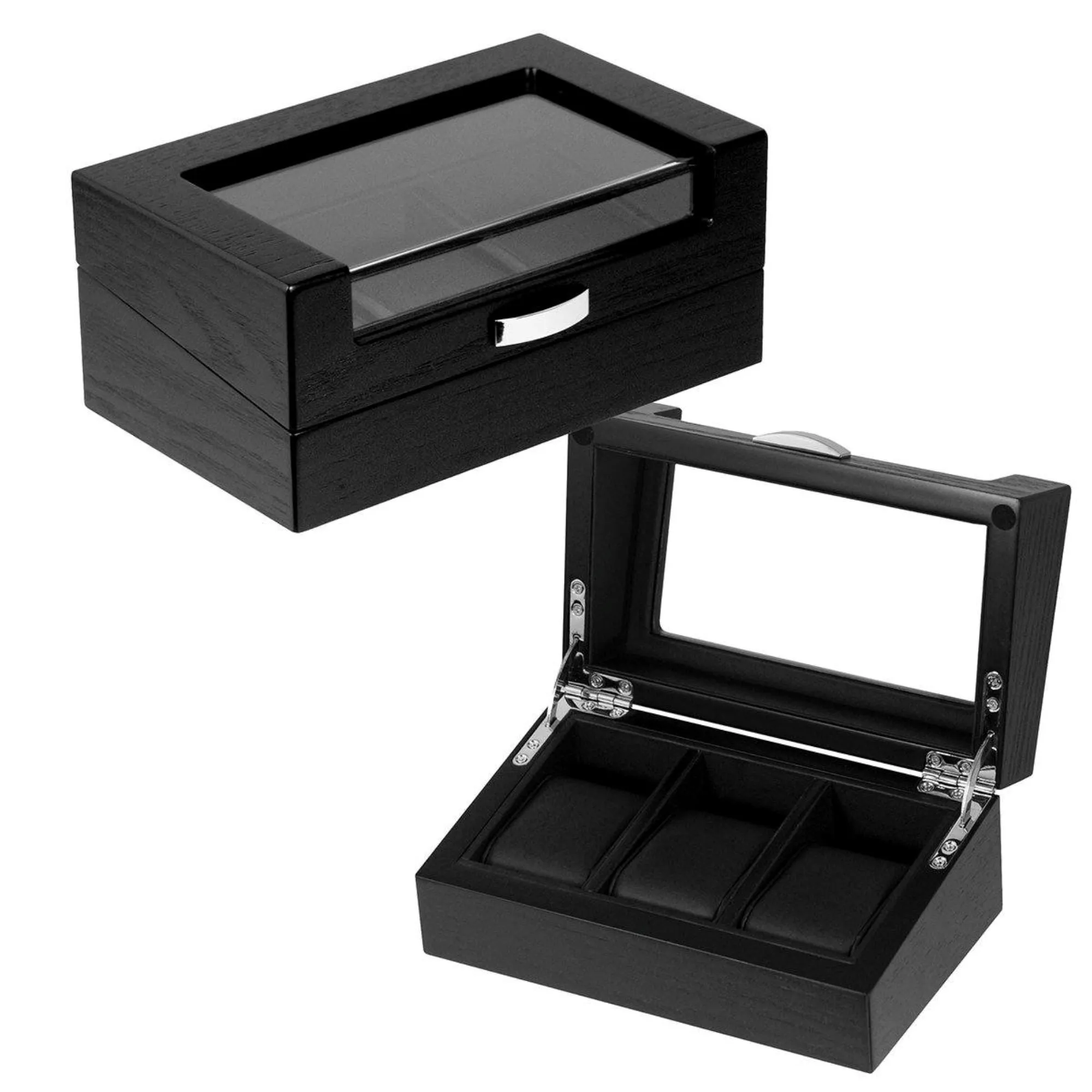 3 Slots Black Wooden Watch Box