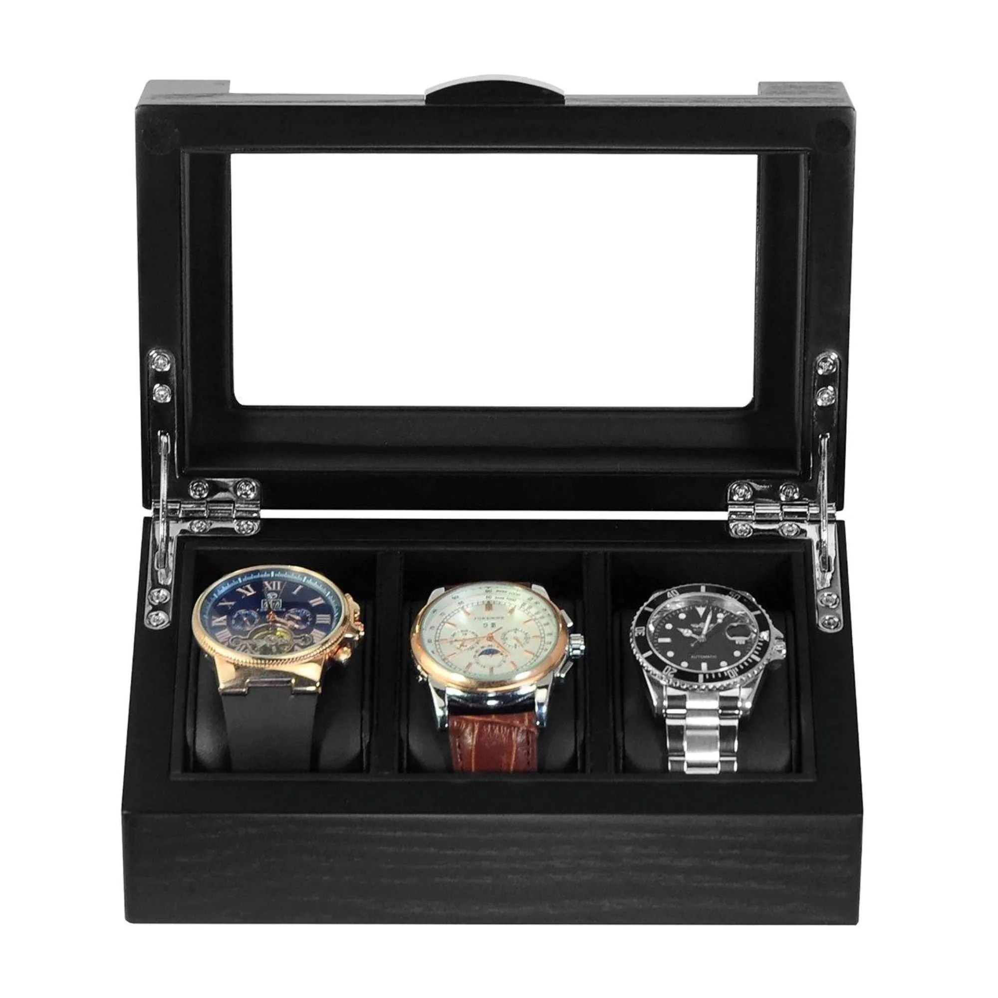 3 Slots Black Wooden Watch Box