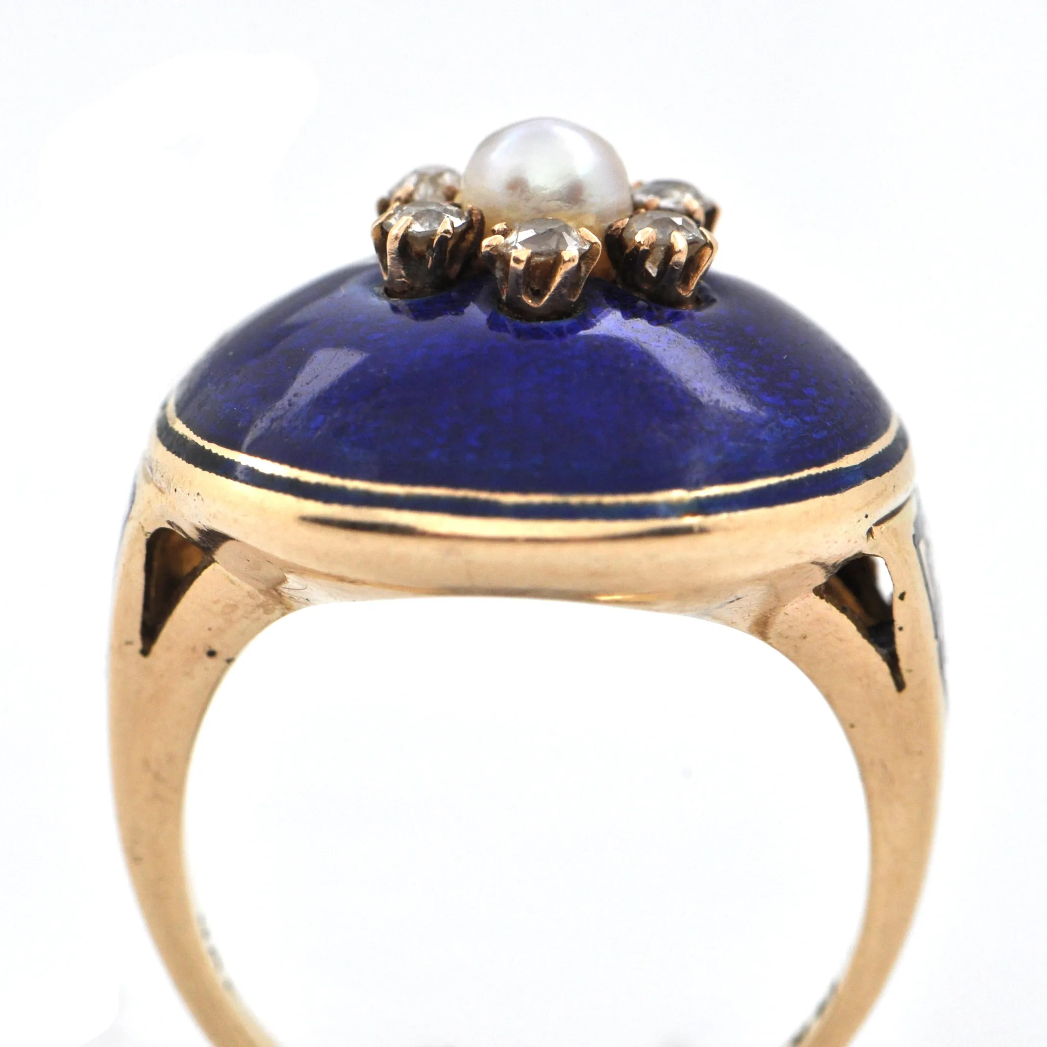 Antique 0.25CT Diamond and Pearl 14K Gold Ring with Enamel C. 1850