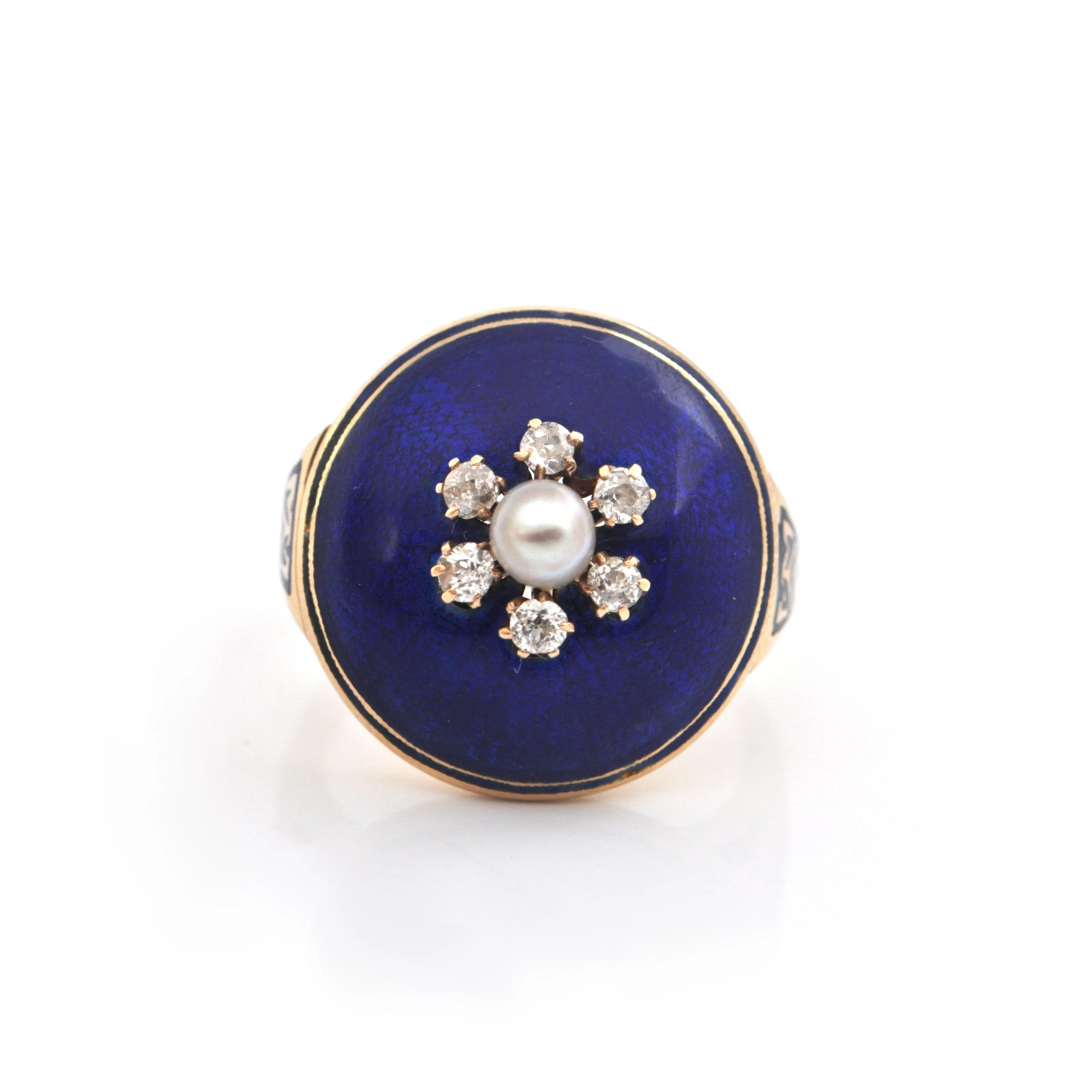 Antique 0.25CT Diamond and Pearl 14K Gold Ring with Enamel C. 1850