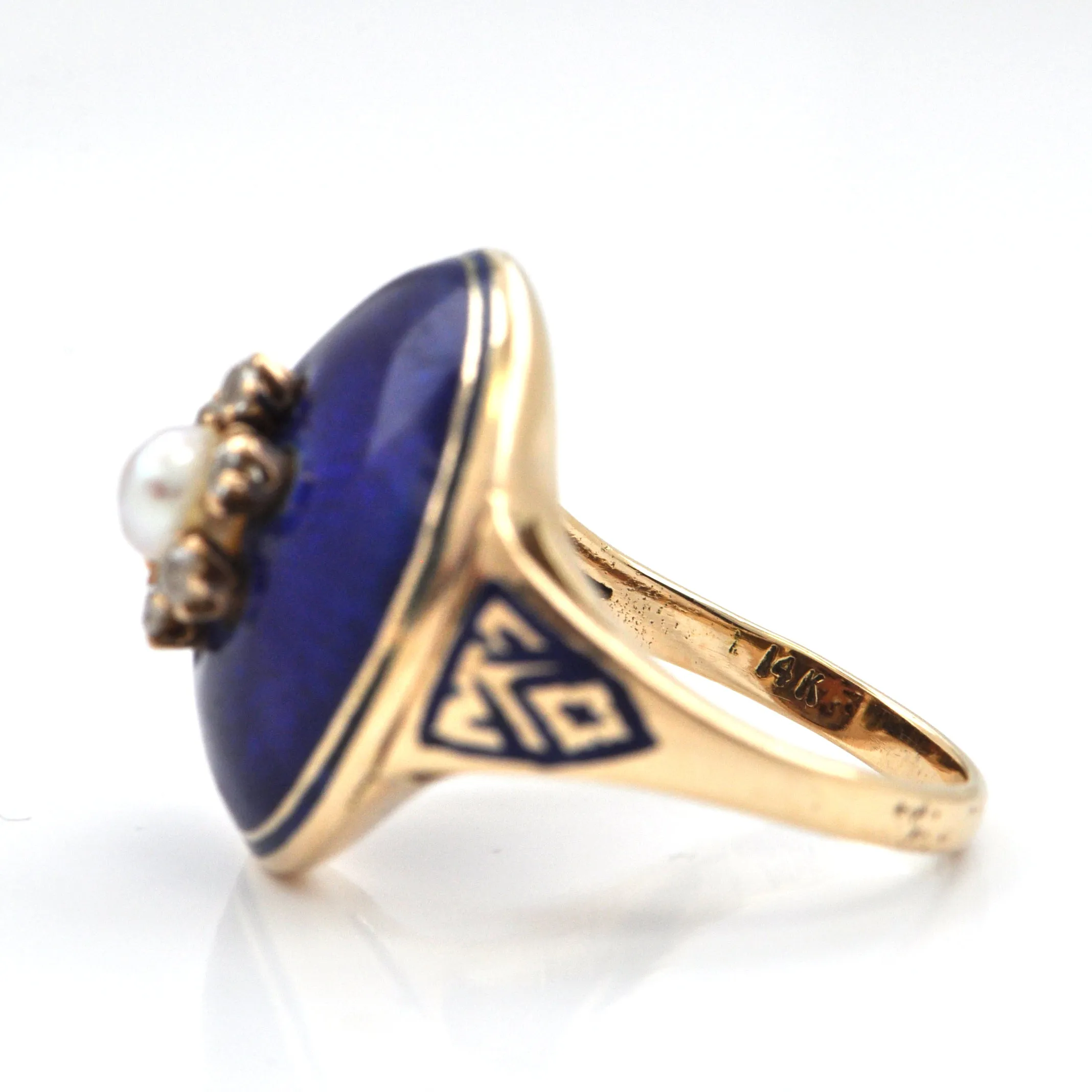 Antique 0.25CT Diamond and Pearl 14K Gold Ring with Enamel C. 1850