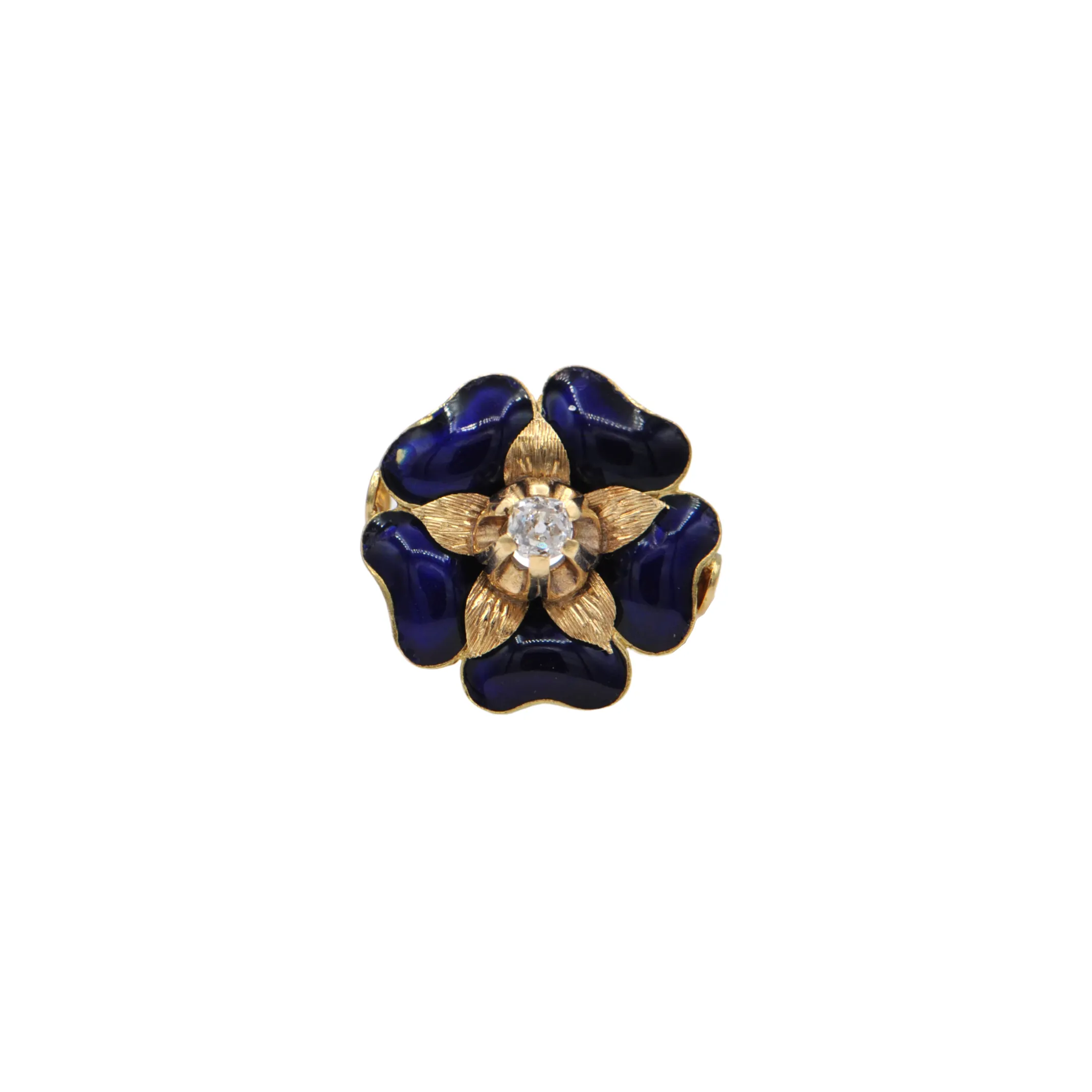 Antique Enamel Flower and Diamond 18K Gold Ring