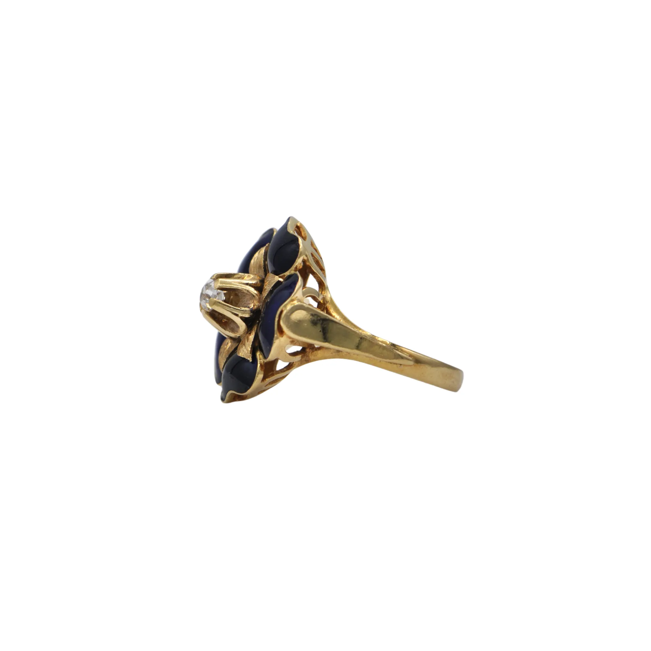 Antique Enamel Flower and Diamond 18K Gold Ring