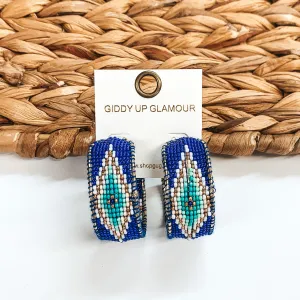 Aztec Pattern Beaded Hoop Earrings in Royal Blue