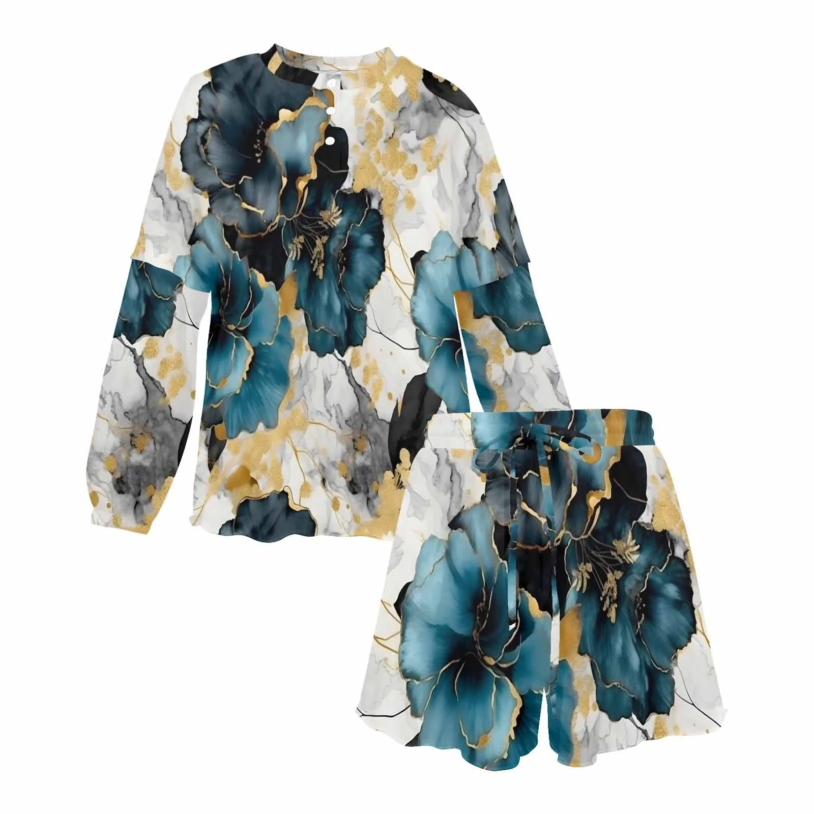 Blue & Gold Ink Floral Women's Long Sleeve Pajama Set with Shorts