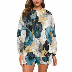 Blue & Gold Ink Floral Women's Long Sleeve Pajama Set with Shorts