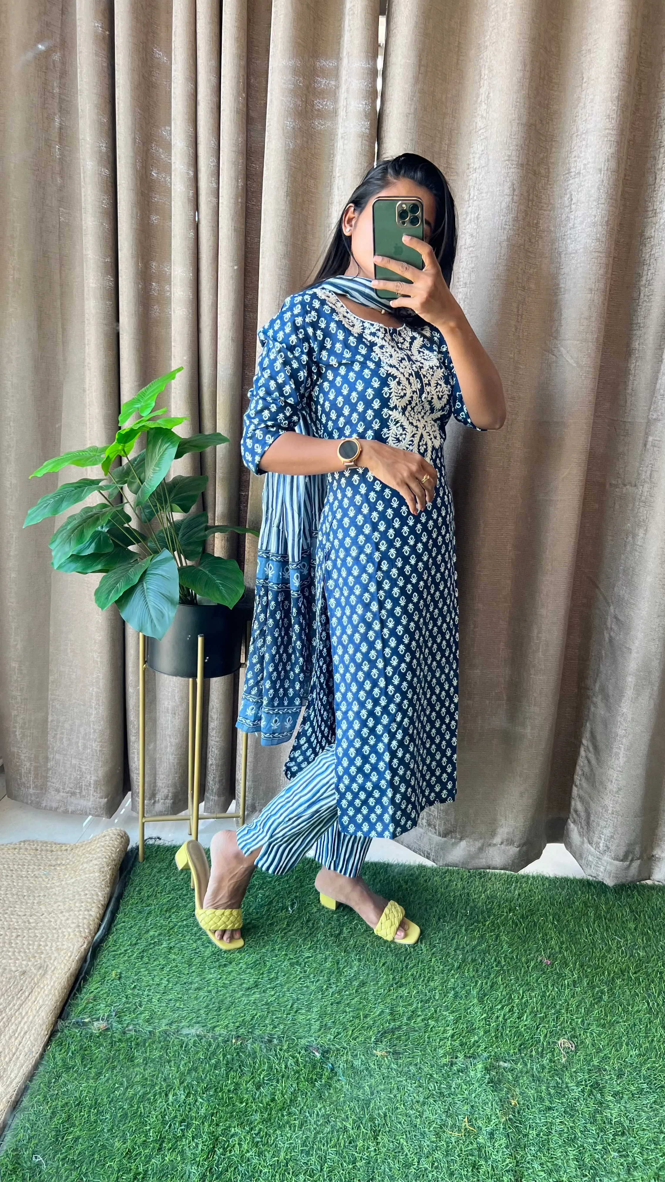 Blue cotton embroidered worked 3 piece kurti dress