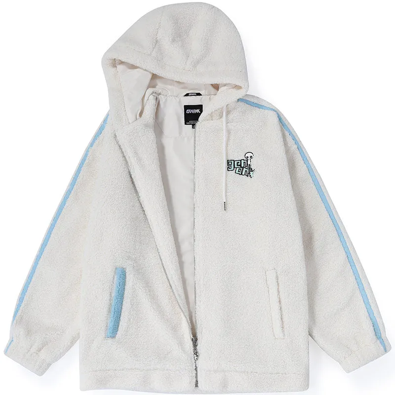 Color Block Letter Embroidered Hooded Fleece Couple Jacket