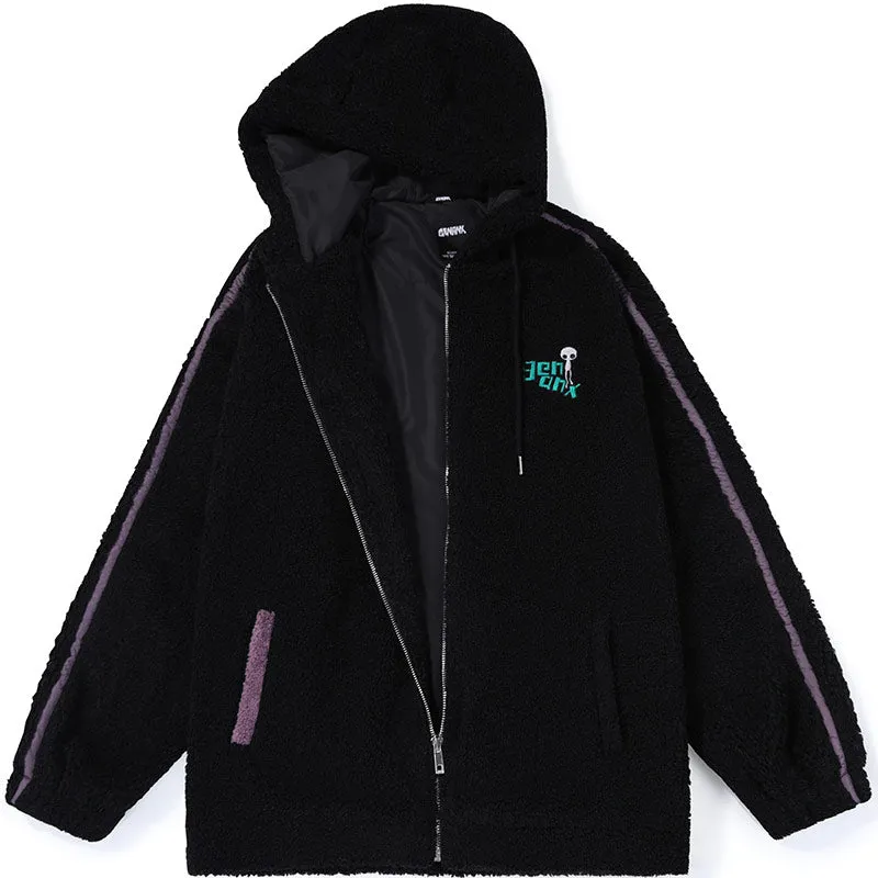 Color Block Letter Embroidered Hooded Fleece Couple Jacket