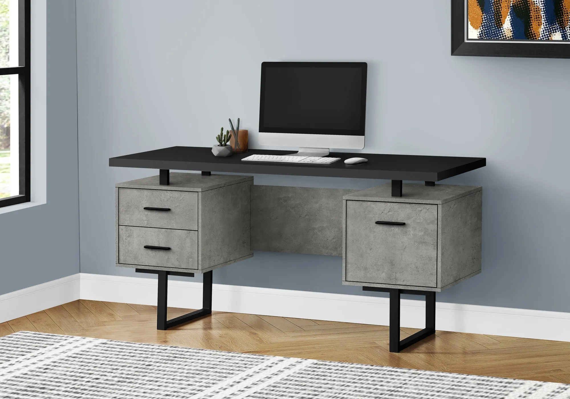 Computer Desk - 60"L / Black/Grey Concrete/ Silver Metal