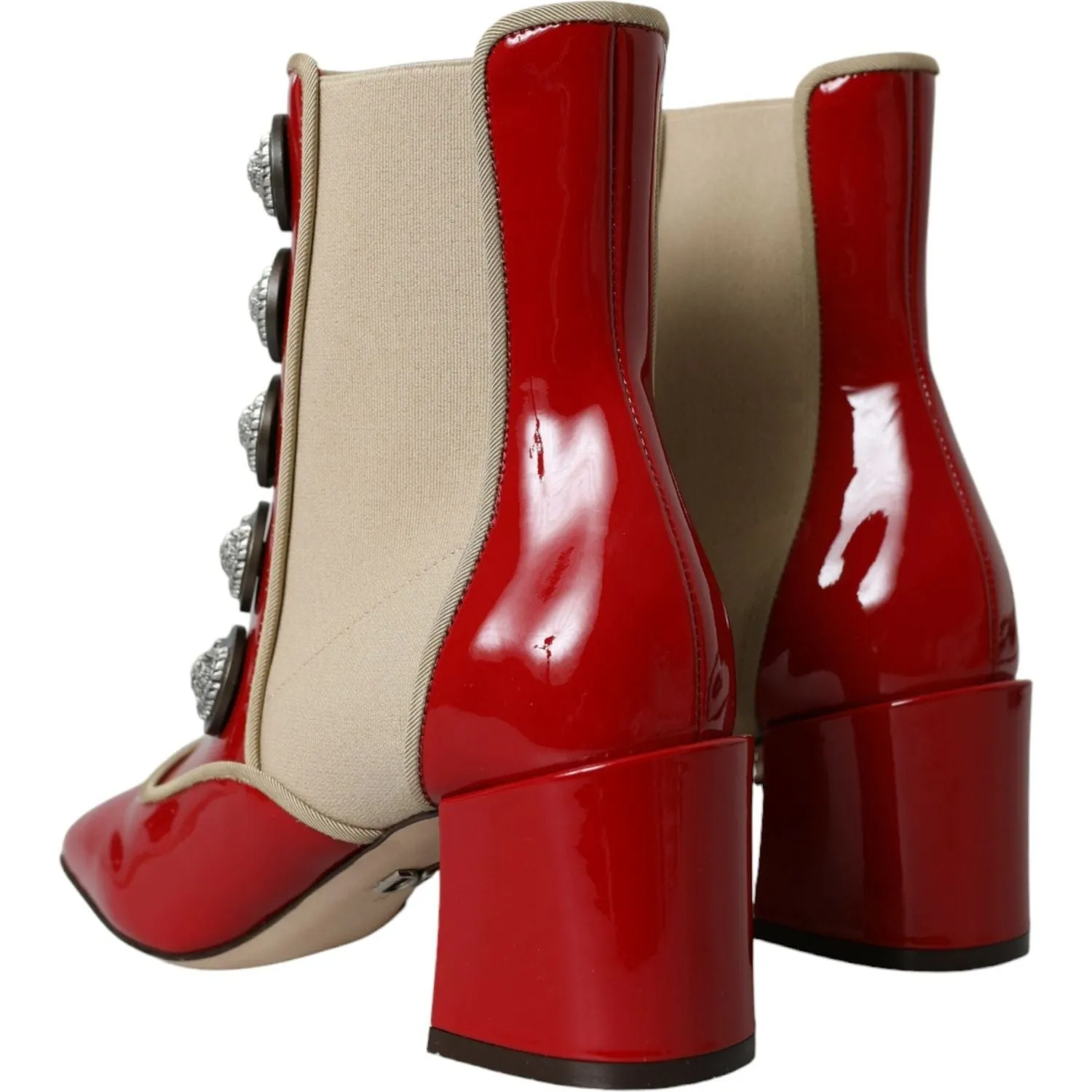 Dolce & Gabbana Red Beige Leather Embellished Mid Calf Boots Shoes