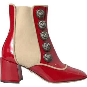 Dolce & Gabbana Red Beige Leather Embellished Mid Calf Boots Shoes