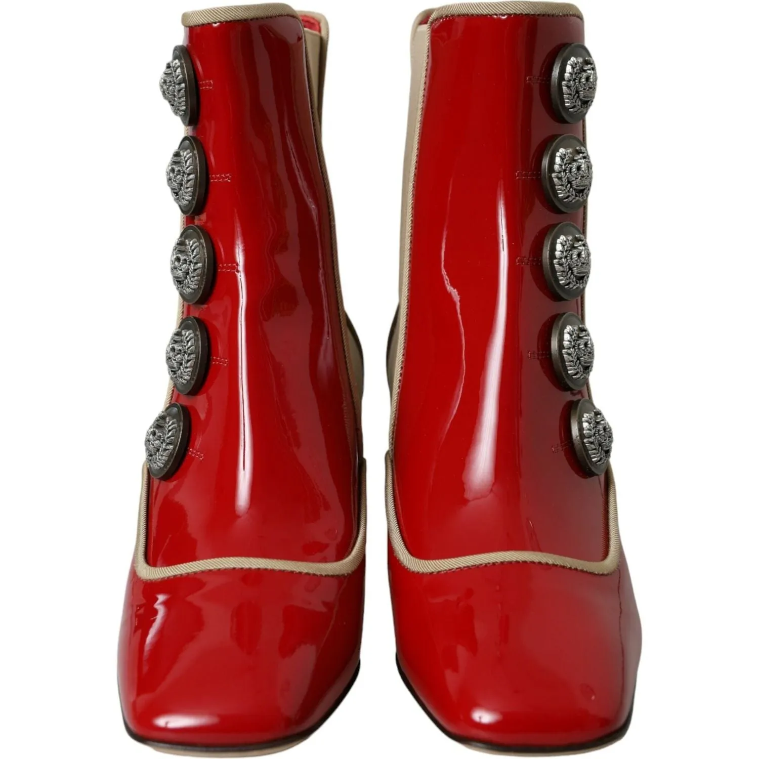 Dolce & Gabbana Red Beige Leather Embellished Mid Calf Boots Shoes