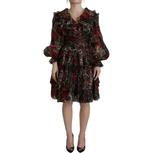 Dolce & Gabbana Silk Leopard Print & Red Roses Dress