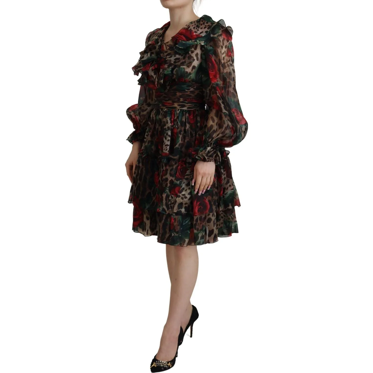 Dolce & Gabbana Silk Leopard Print & Red Roses Dress