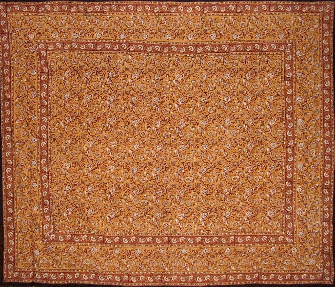 Earth Dabu Block Print Indian Tapestry Cotton Bedpread 106" x 88" Full Amber