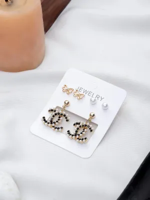 Exclusive Luxury Party Wear Korean Design Chanel Cc Dazzling Domino Drop Earring Cubic Zirconia Alloy Drops & Danglers - Pair Of 3