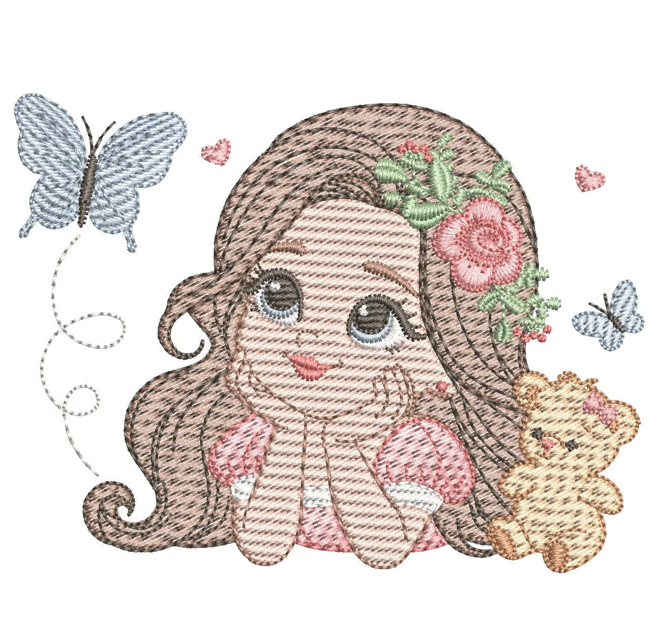 Girl with Flowers and Butterfly Embroidery Design | FineryEmbroidery