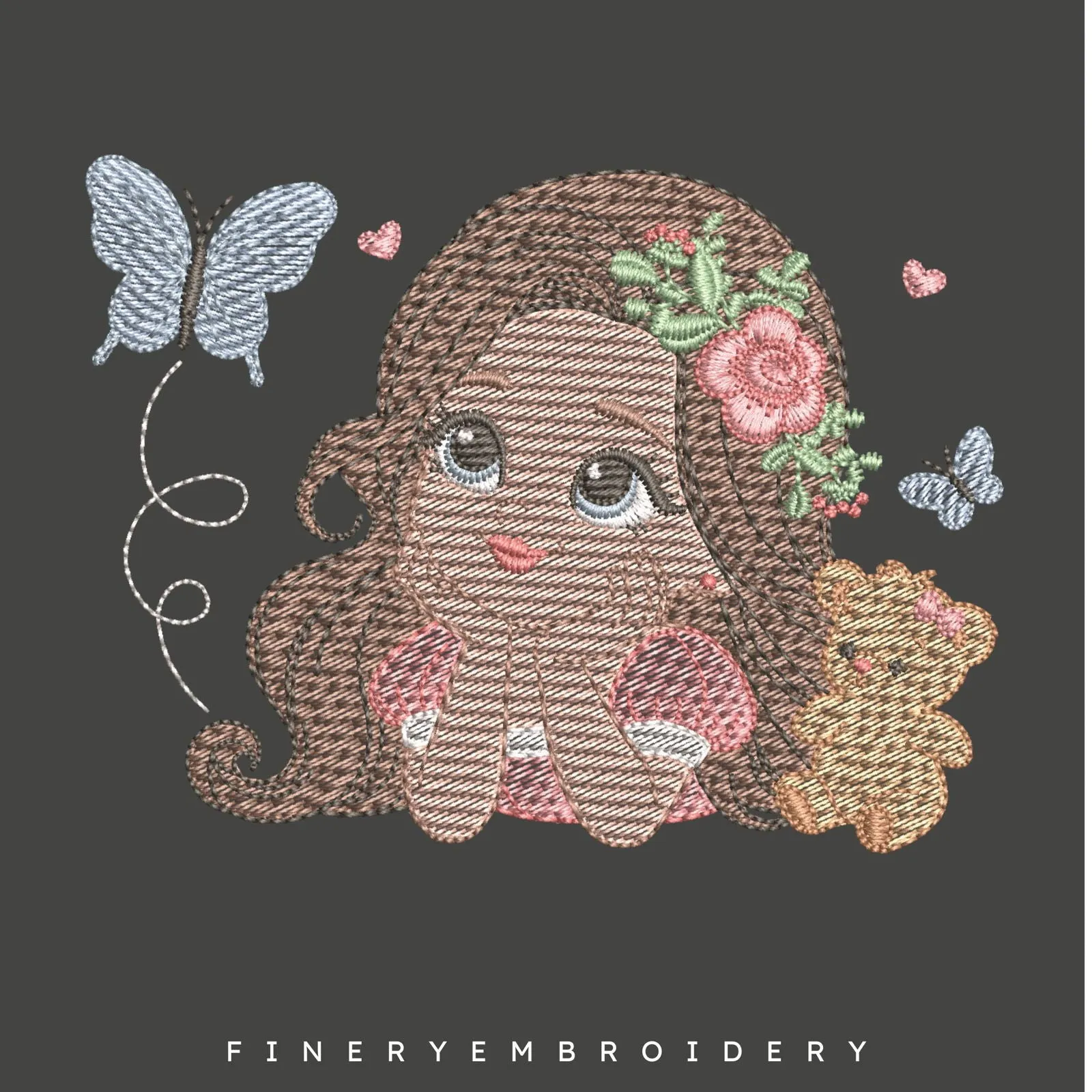 Girl with Flowers and Butterfly Embroidery Design | FineryEmbroidery