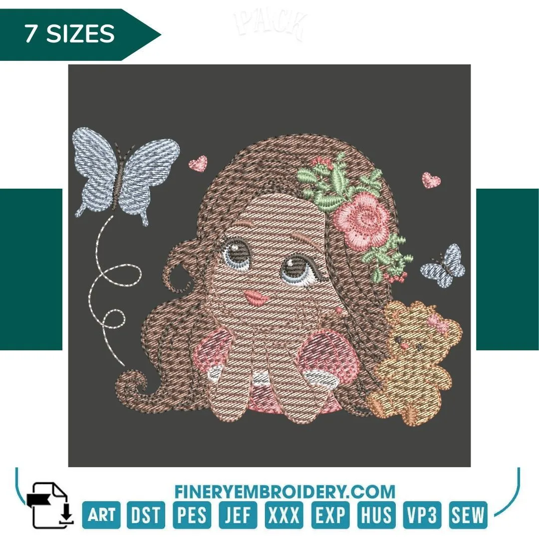 Girl with Flowers and Butterfly Embroidery Design | FineryEmbroidery