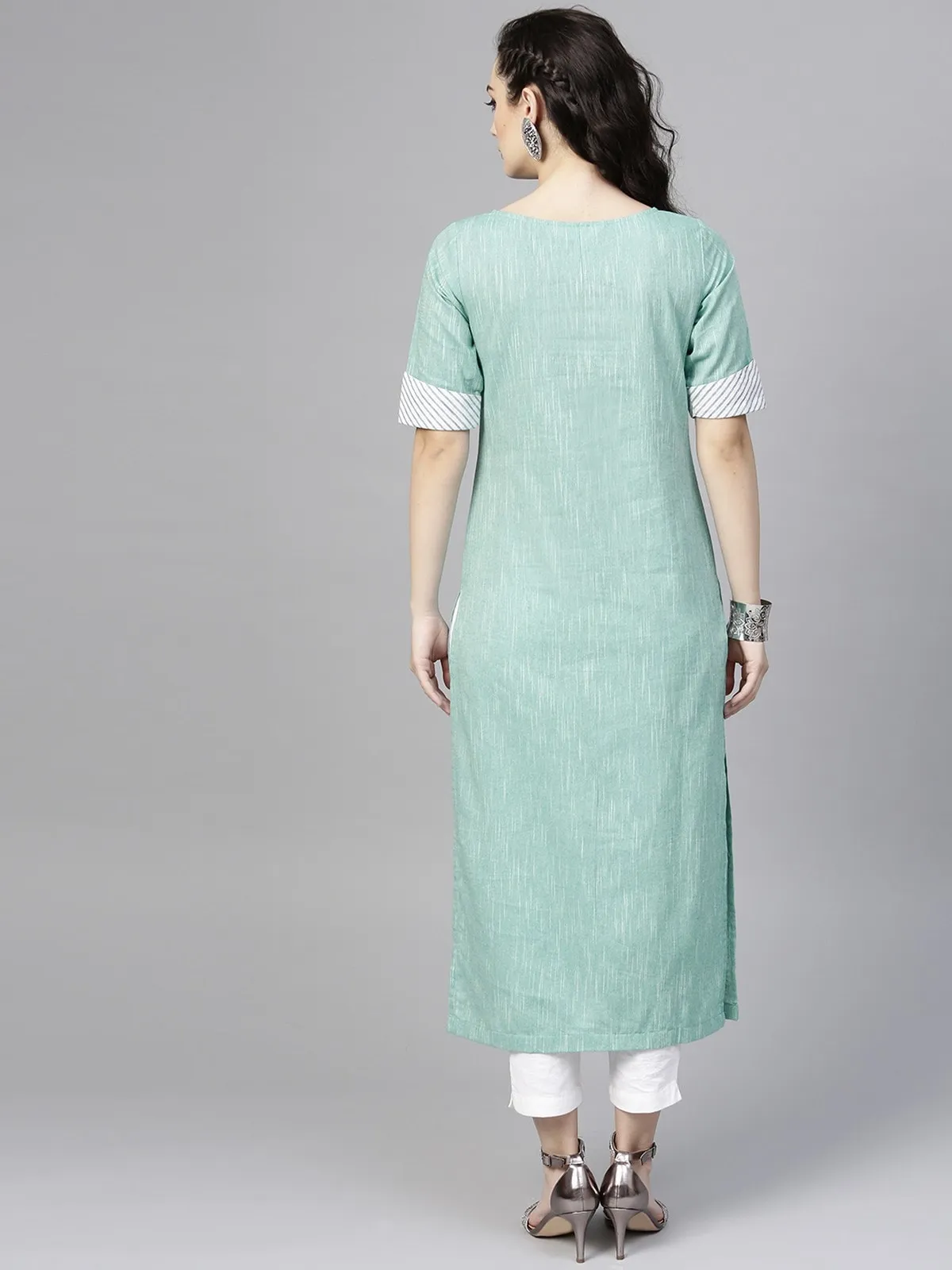 Green Pintucks Printed Chambray Kurta