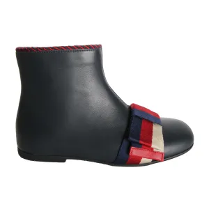 Gucci Girls Navy Leather Bow Ankle Boots