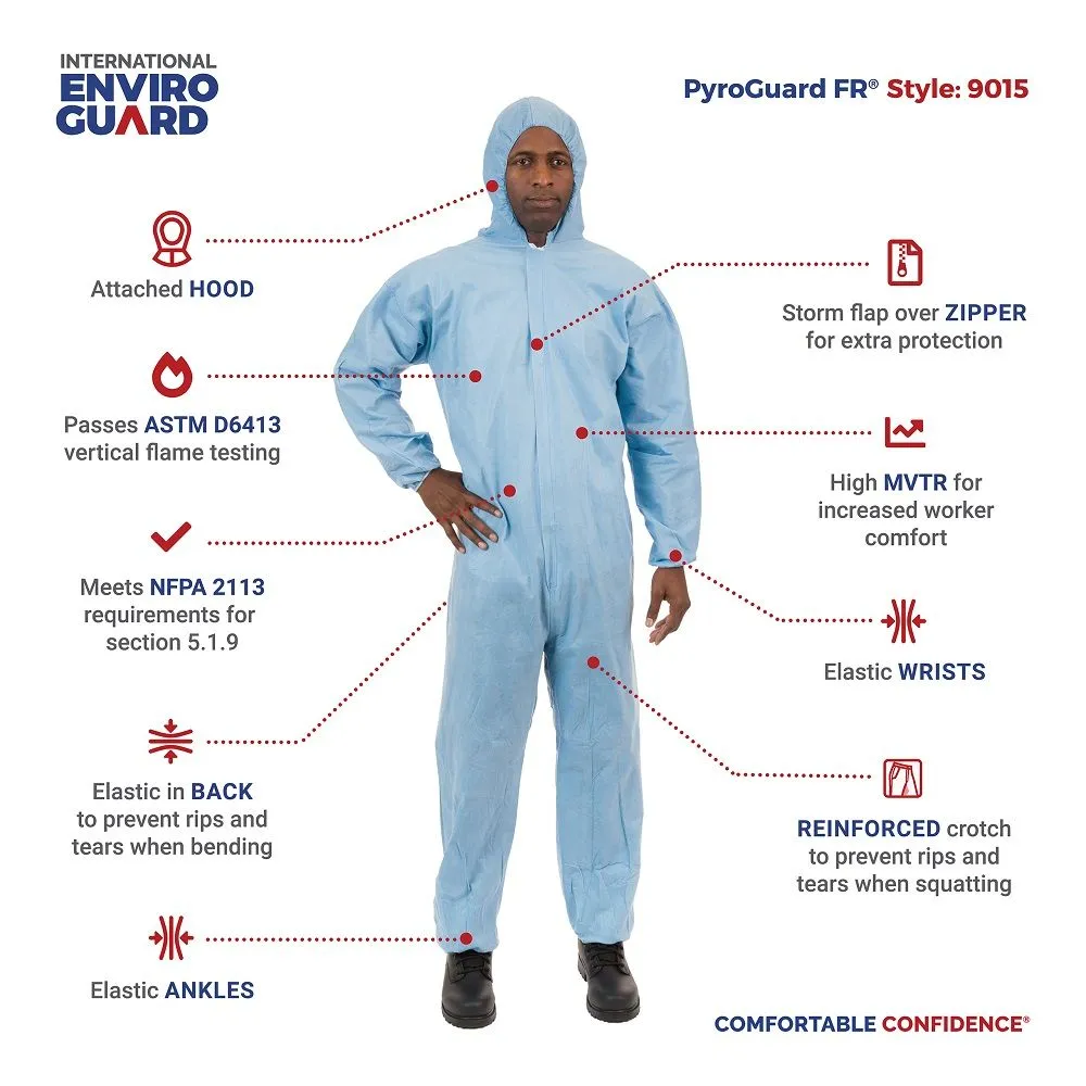 International Enviroguard PyroGuard FR 9019 Outer layer FR Coverall, Attached Hood, and Boot, Blue, Case of 25