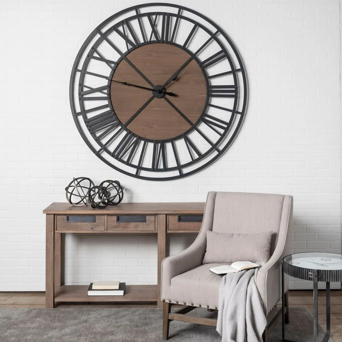 Lewiston Wall Clock Brown Wood | Black Metal | 59"