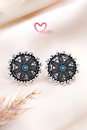 Light Blue Round Shape Oxidized Stone Stud Earring