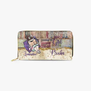 Long Type Zipper Purse, Just a Girl Who Loves Books, Brunette Hair