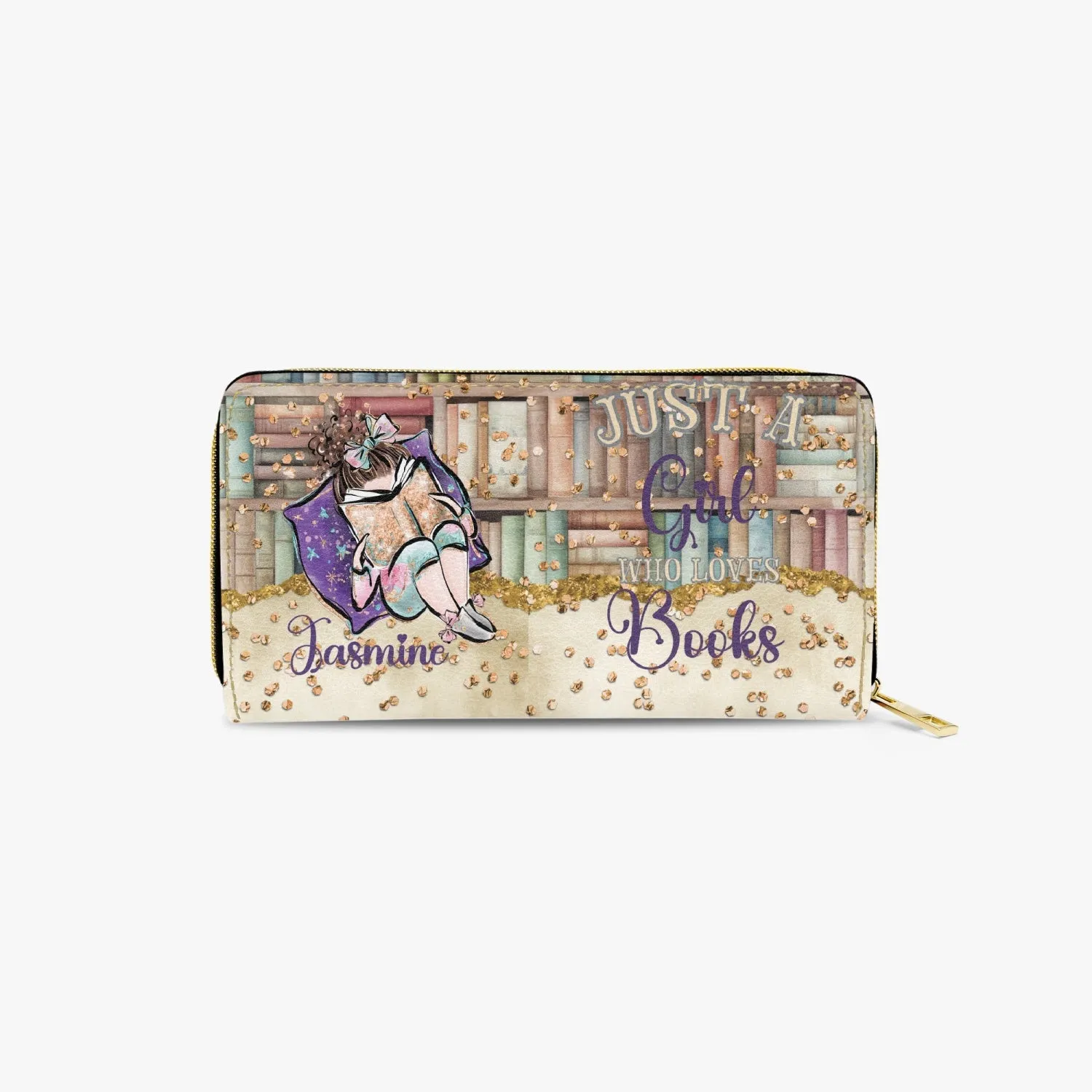 Long Type Zipper Purse, Just a Girl Who Loves Books, Brunette Hair