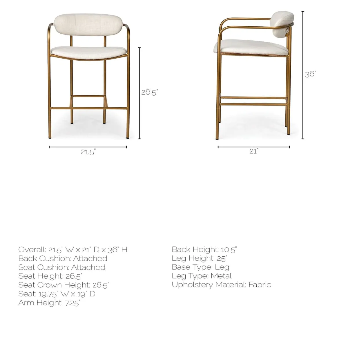 Parker Bar Counter Stool Cream Fabric | Gold Metal | Counter