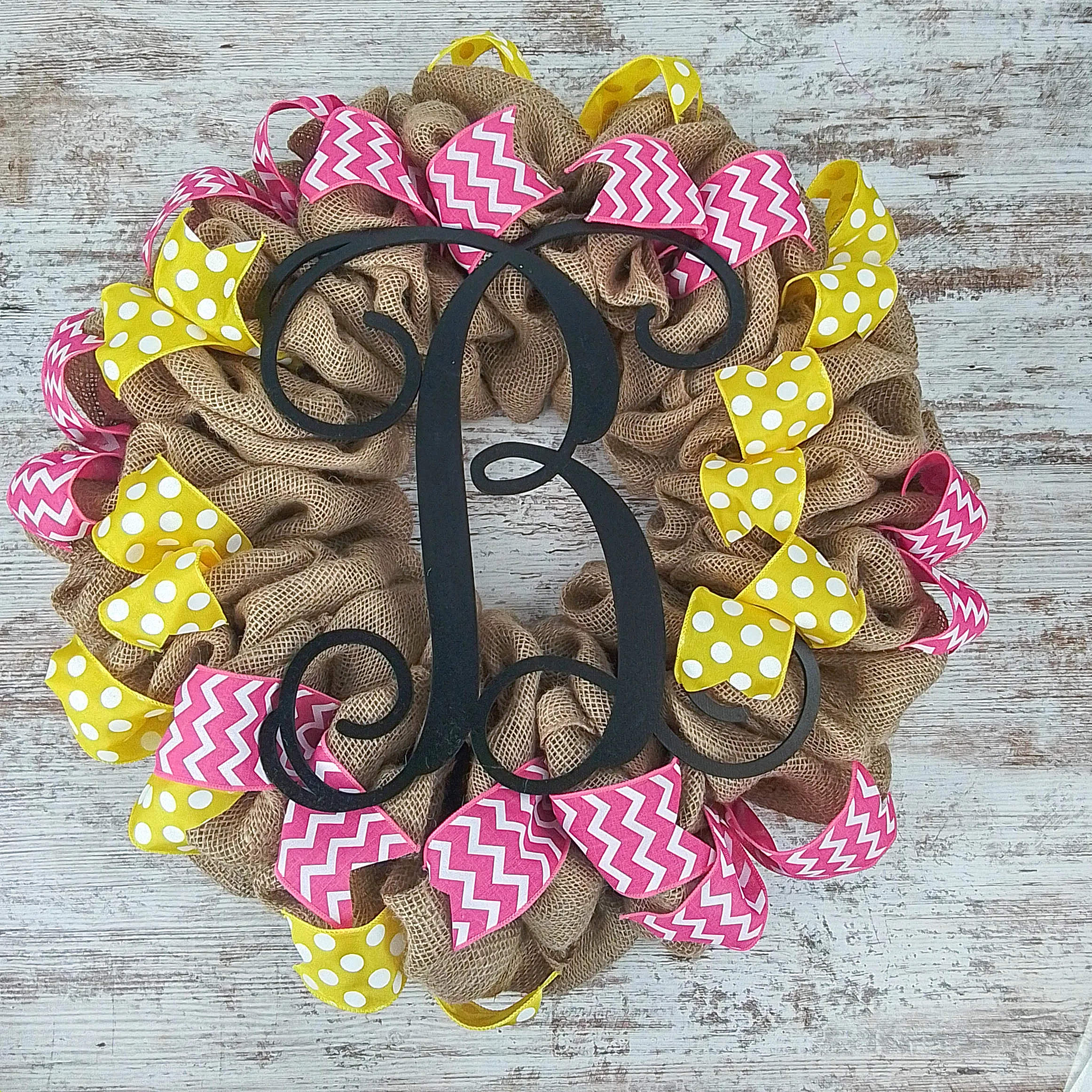 Personalized Burlap Wreath, Monogram Door Decor, Rustic Ribbon Wreath