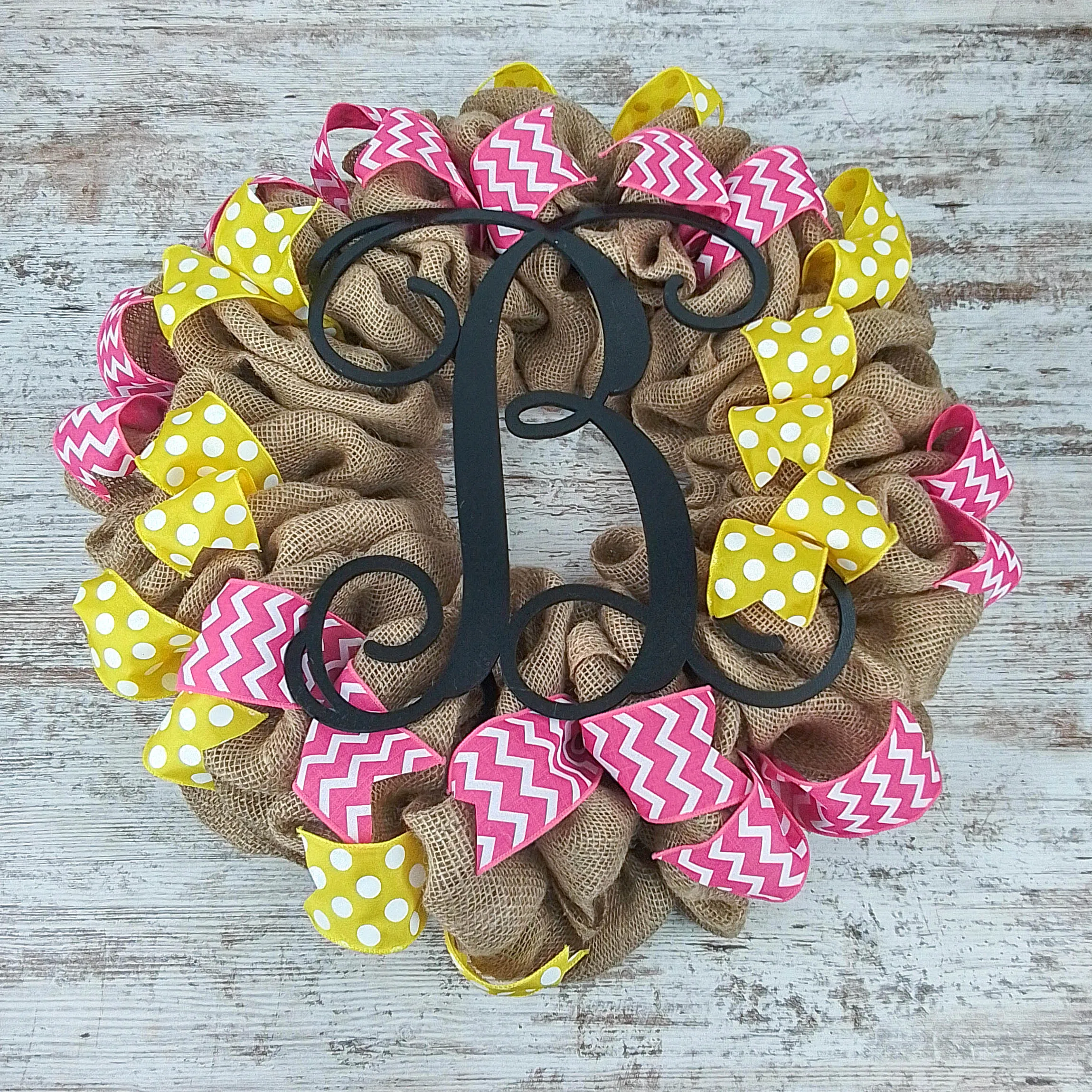 Personalized Burlap Wreath, Monogram Door Decor, Rustic Ribbon Wreath