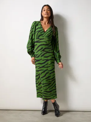 Petite Green Zebra Print V-Neck Midi Dress