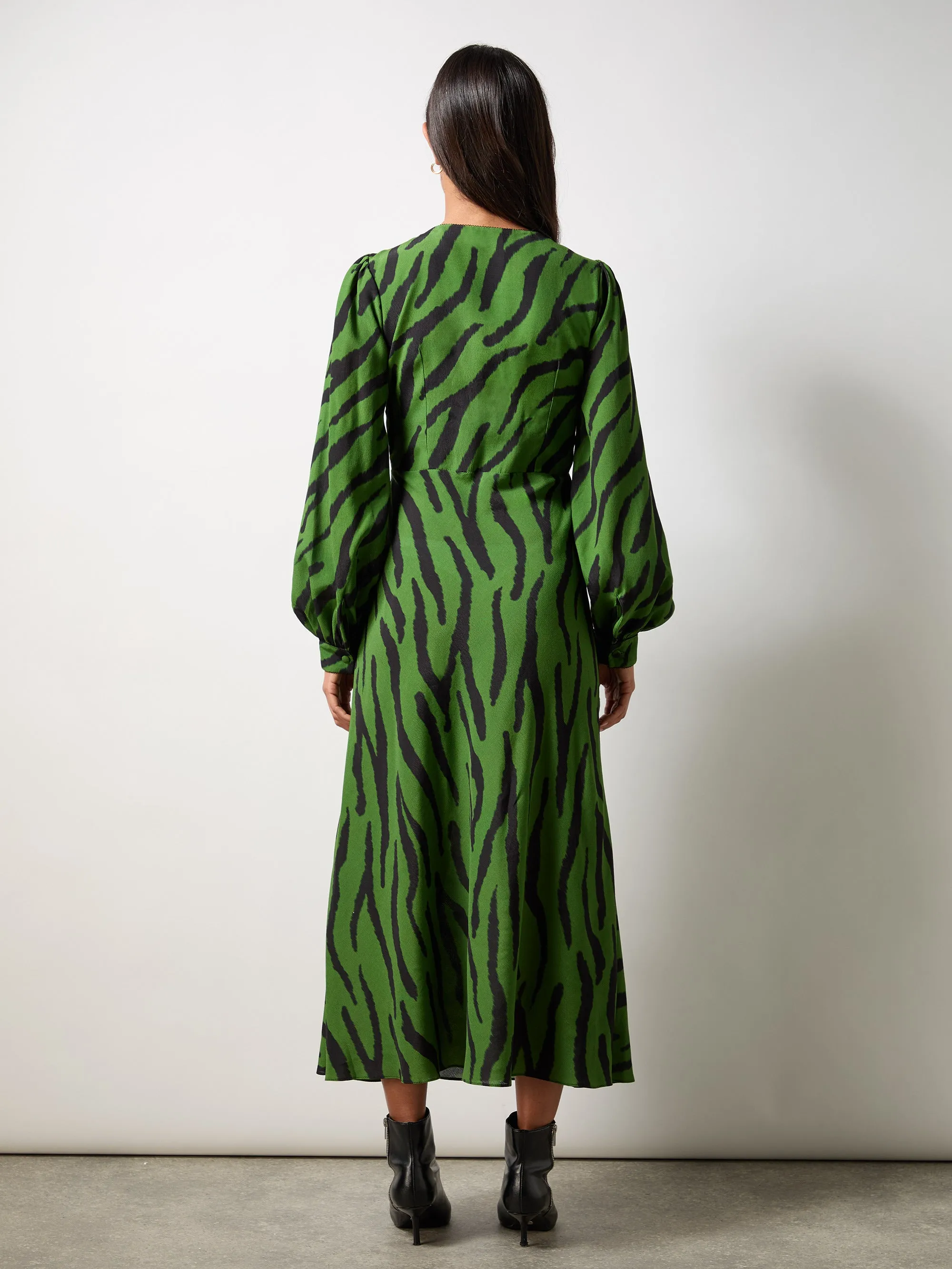 Petite Green Zebra Print V-Neck Midi Dress