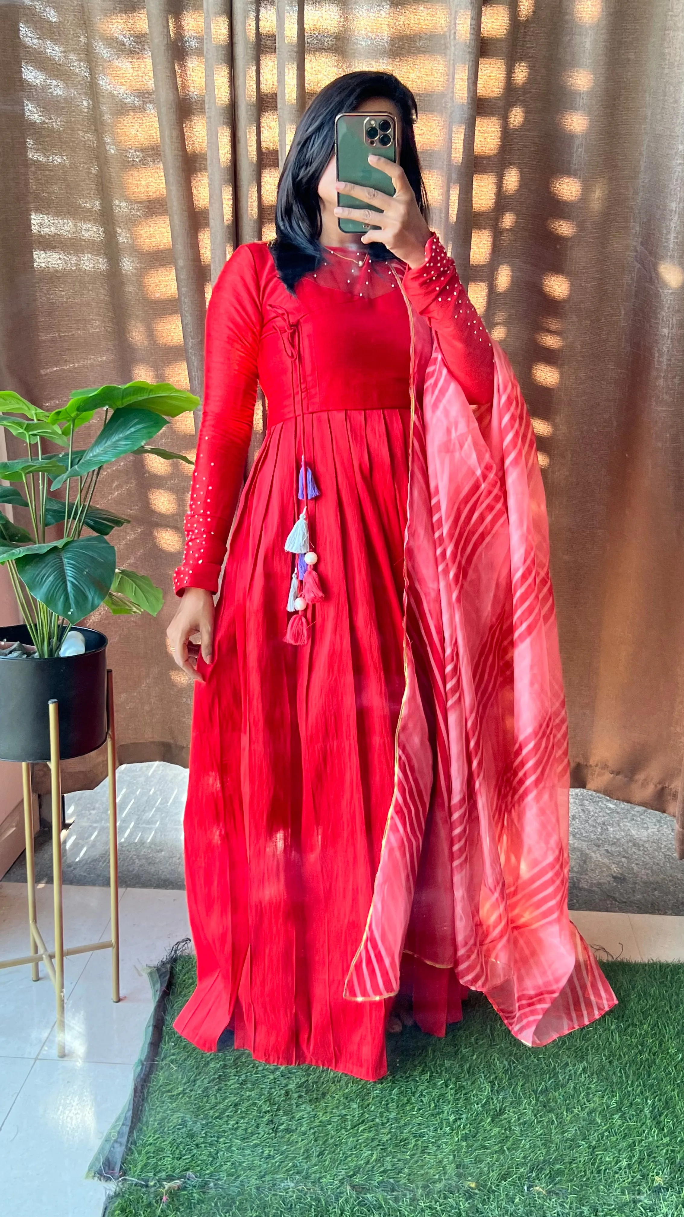 Red silk maxi dress salwar suit of hand worked top and Duppata