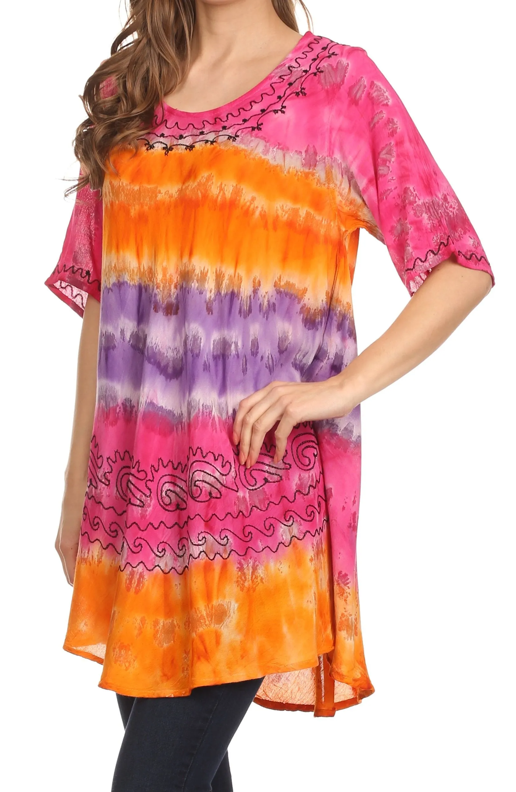 Sakkas Adela Batik Embroidered Tie Dye Sleevess Relaxed Fit Rayon Blouse / Top