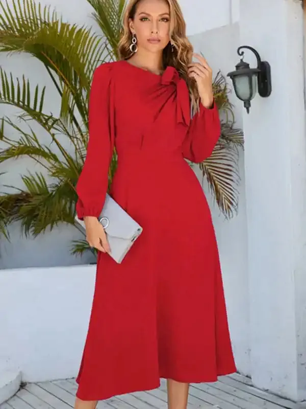 Women’s Round Neck Bow A-line Mid-Length Dresses