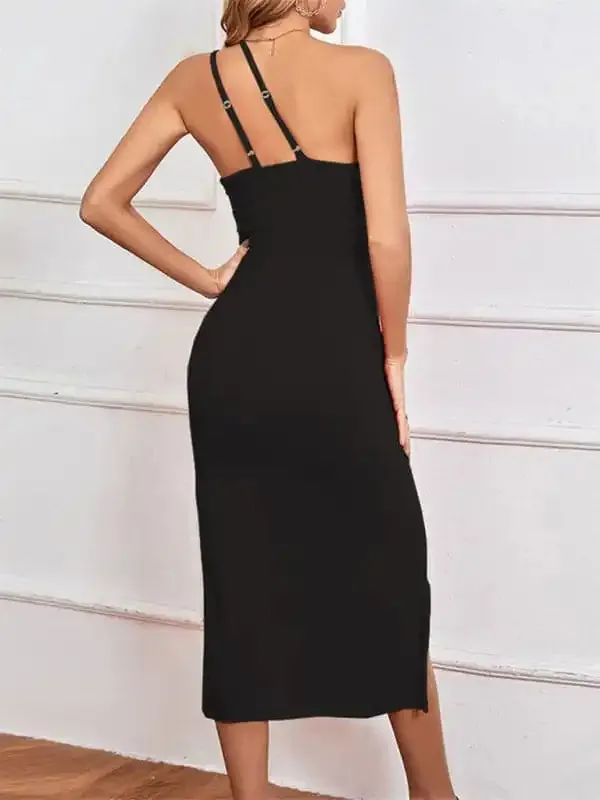 Women’s Solid Color Cutout One-shoulder Sleeveless Slit Midi Dress