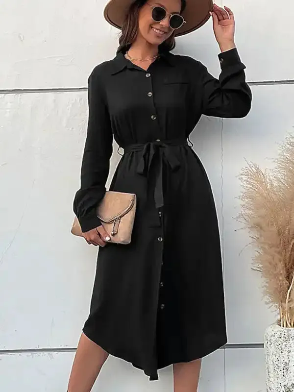 Women’s woven lapel long sleeve shirt dress