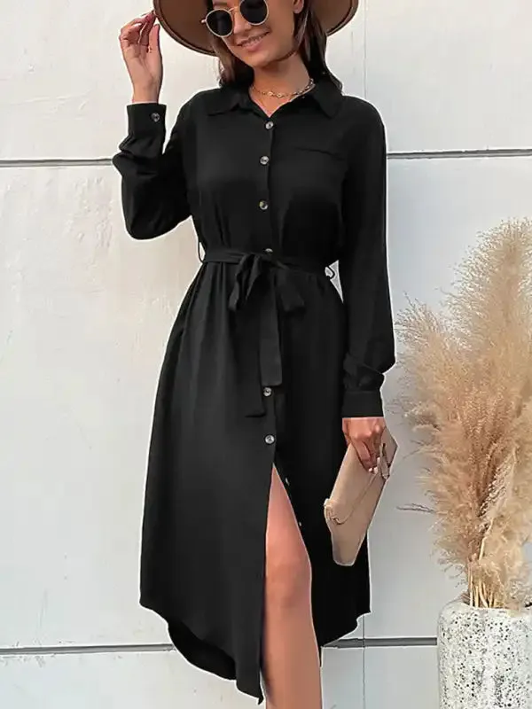 Women’s woven lapel long sleeve shirt dress